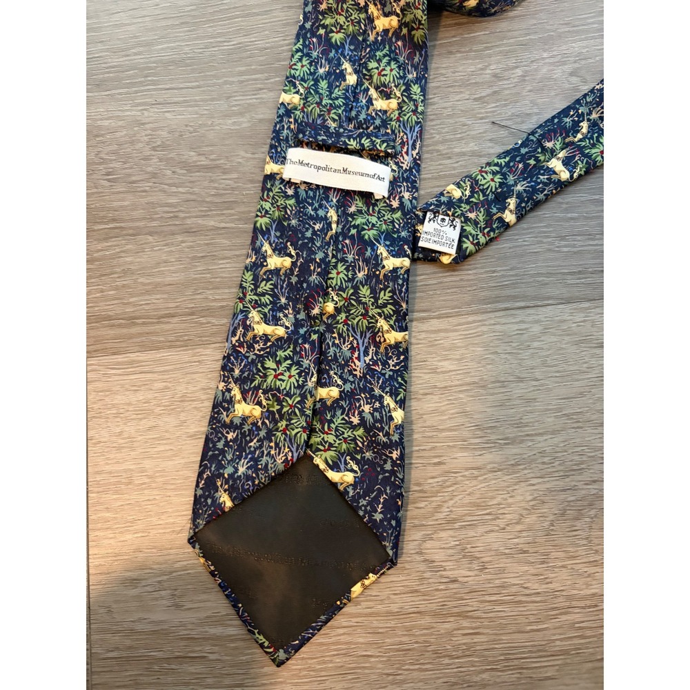 Metropolitan Museum of Art Unicorn Tapestry Silk Tie Navy Blue Millefleurs 4"